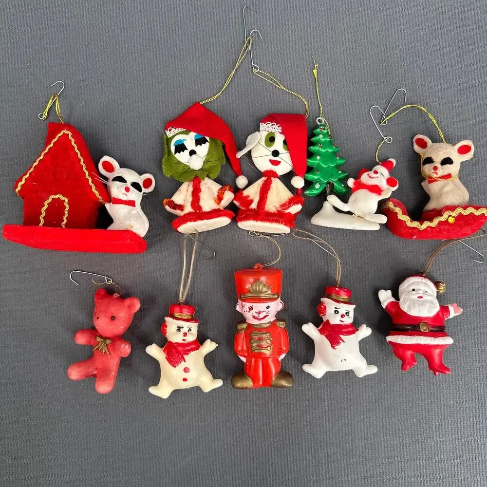 10 VTG 1950s Flocked Felt Christmas Ornaments Mice Cat Snowmen Santa MCM Kitschy